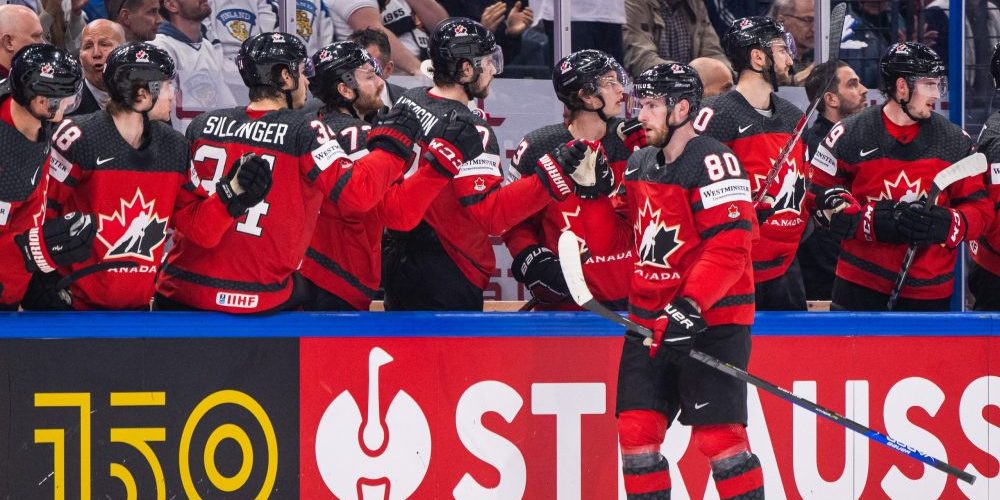Pierre-Luc Dubois of Canada celebrates after scoring 3-2 during the 2022 IIHF Ice Hockey World Championship quarterfinal game between Sweden and Canada on May 26, 2022 in Tampere